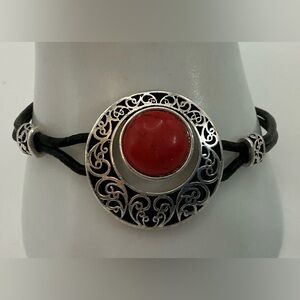 FAUX LEATHER BLACK SILVERTONE ENCASED RED CABOCHON ADJUSTABLE TOGGLE BRACELET